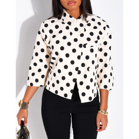 Short double-breasted blazer with polka dots and shoulder pads