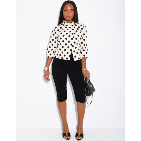 Short double-breasted blazer with polka dots and shoulder pads