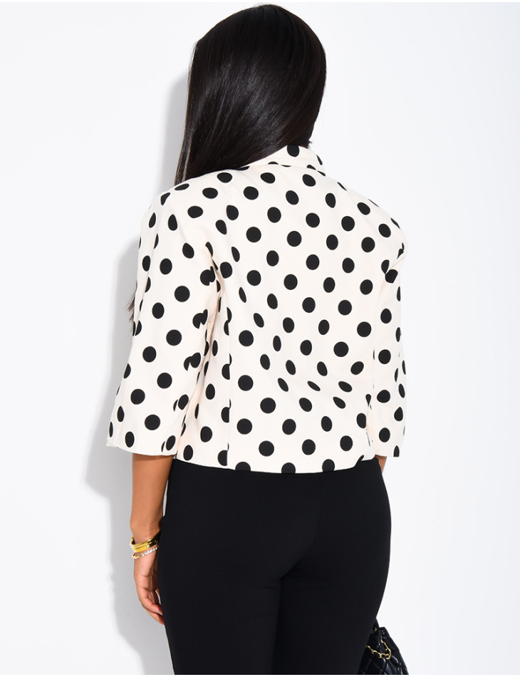 Short double-breasted blazer with polka dots and shoulder pads