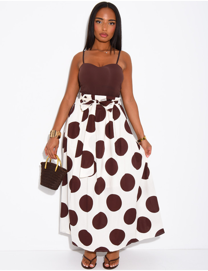 Long, lined poplin skirt with polka dots & belt