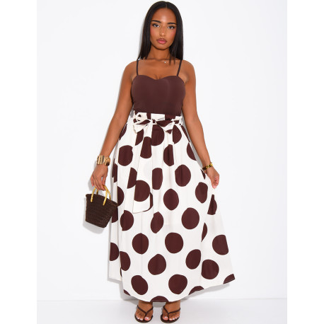 Long, lined poplin skirt with polka dots & belt