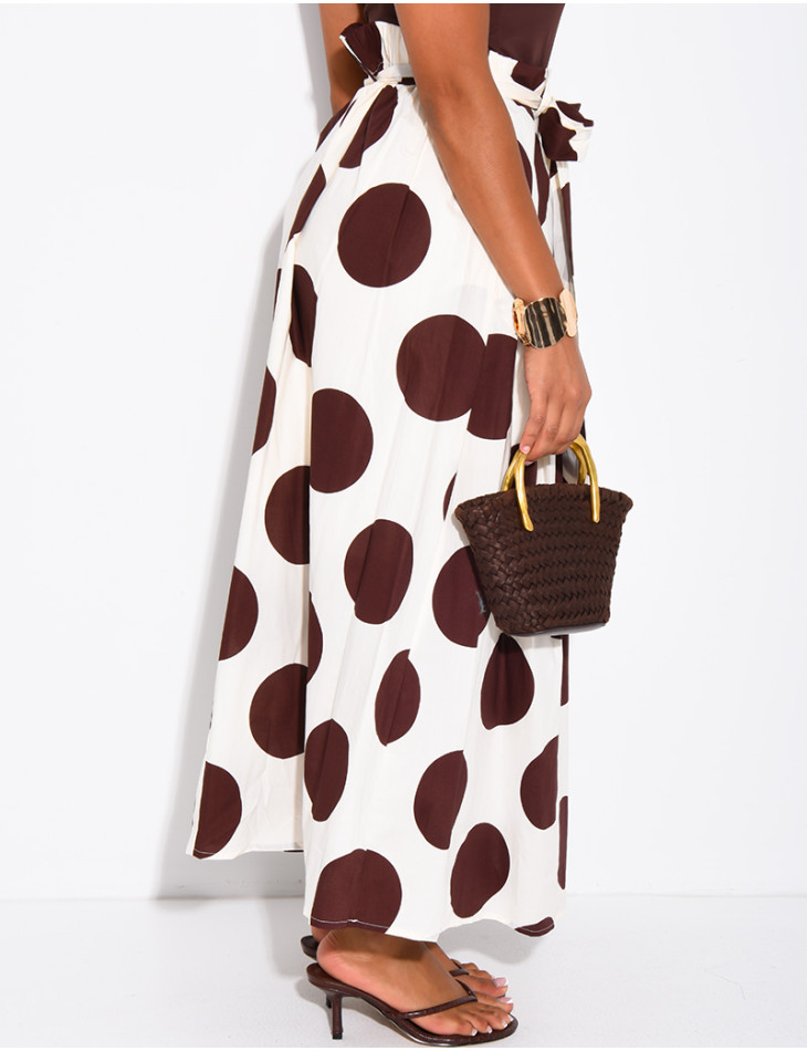 Long, lined poplin skirt with polka dots & belt
