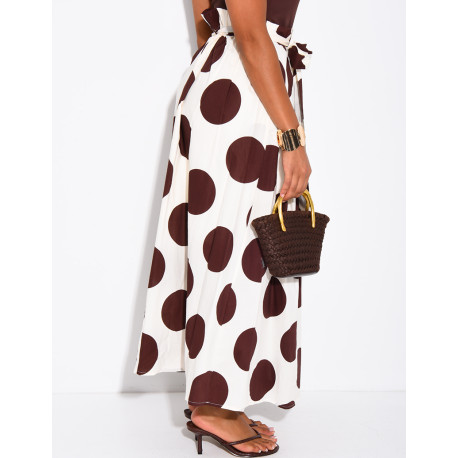 Long, lined poplin skirt with polka dots & belt