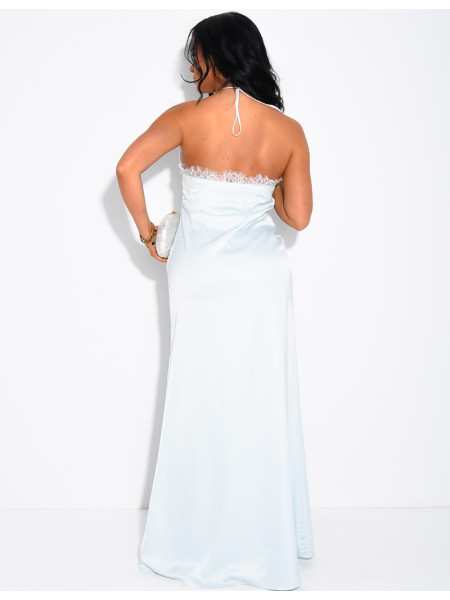 Robe longue en satin à dos nu asymétrique avec dentelle