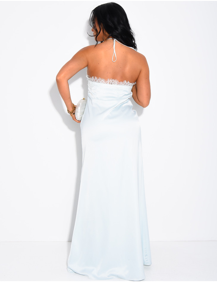 Robe longue en satin à dos nu asymétrique avec dentelle
