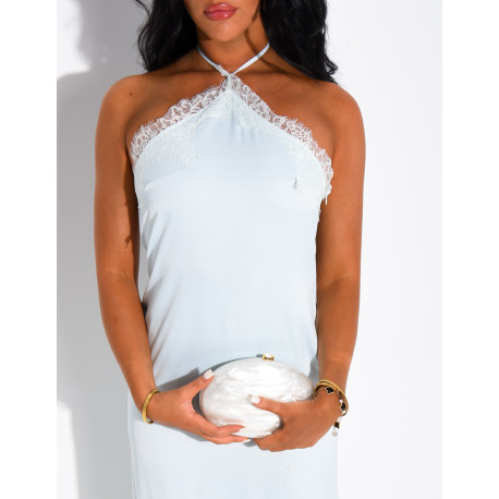 Robe longue en satin à dos nu asymétrique avec dentelle