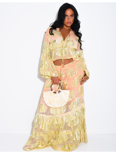 Bohemian-Set aus langem Volantrock und Bindebluse