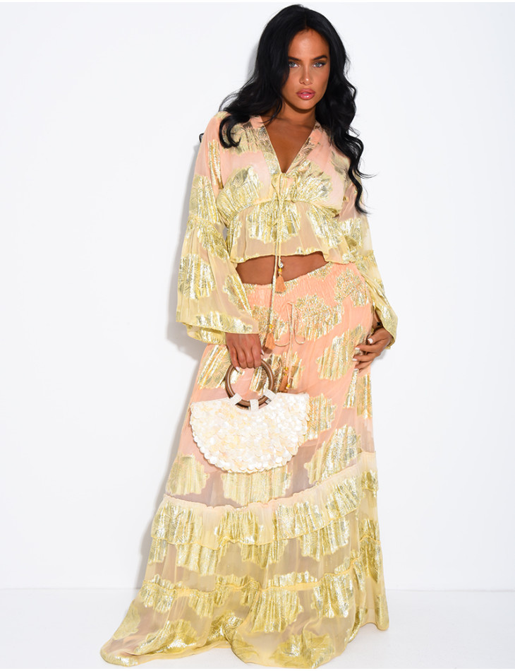 Bohemian-Set aus langem Volantrock und Bindebluse