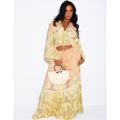 Bohemian-Set aus langem Volantrock und Bindebluse