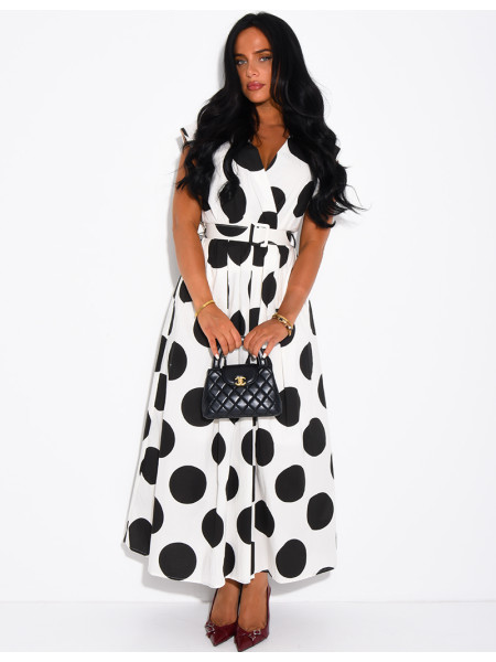 Sleeveless polka-dot dress with matching belt