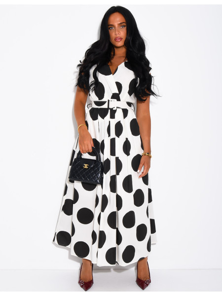 Sleeveless polka-dot dress with matching belt