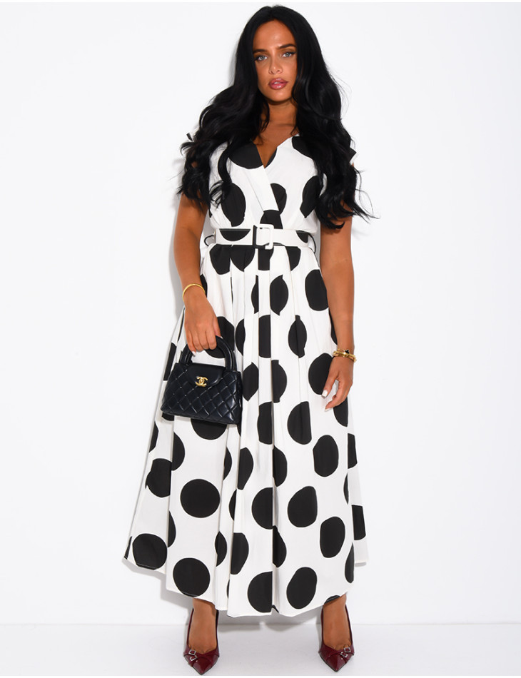 Sleeveless polka-dot dress with matching belt