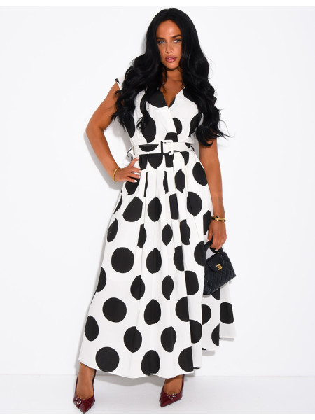 Sleeveless polka-dot dress with matching belt