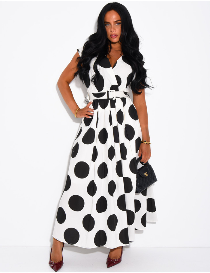 Sleeveless polka-dot dress with matching belt