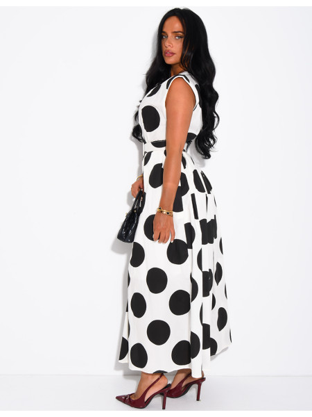 Sleeveless polka-dot dress with matching belt