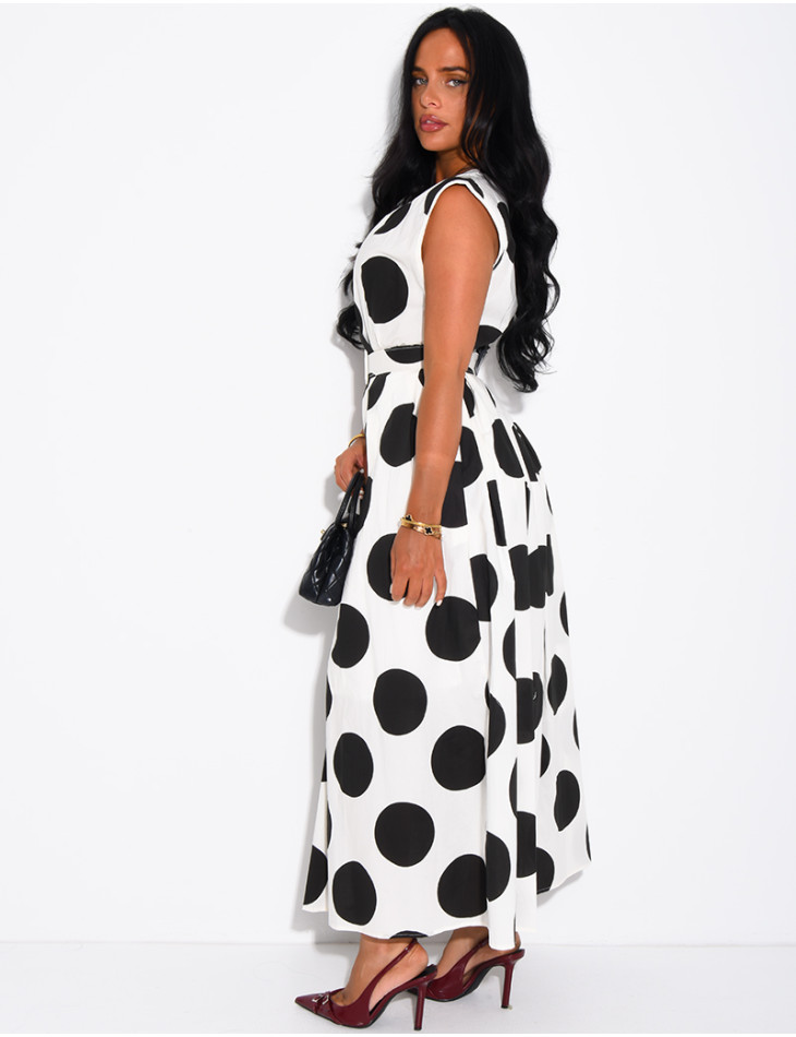 Sleeveless polka-dot dress with matching belt