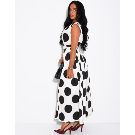 Sleeveless polka-dot dress with matching belt