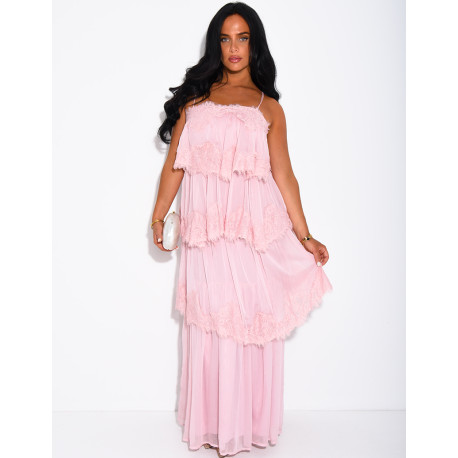 Long voile and lace dress with ruffles