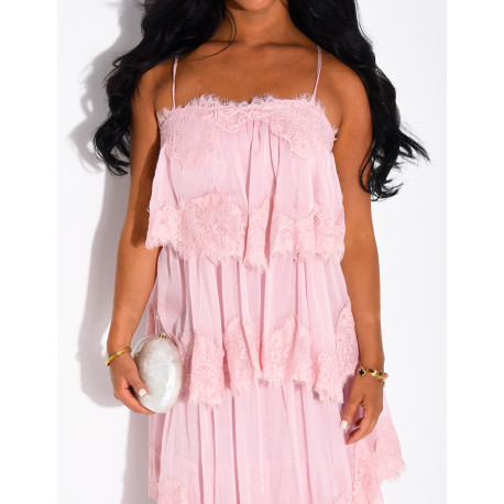 Long voile and lace dress with ruffles