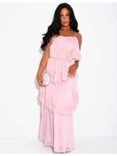 Long voile and lace dress with ruffles