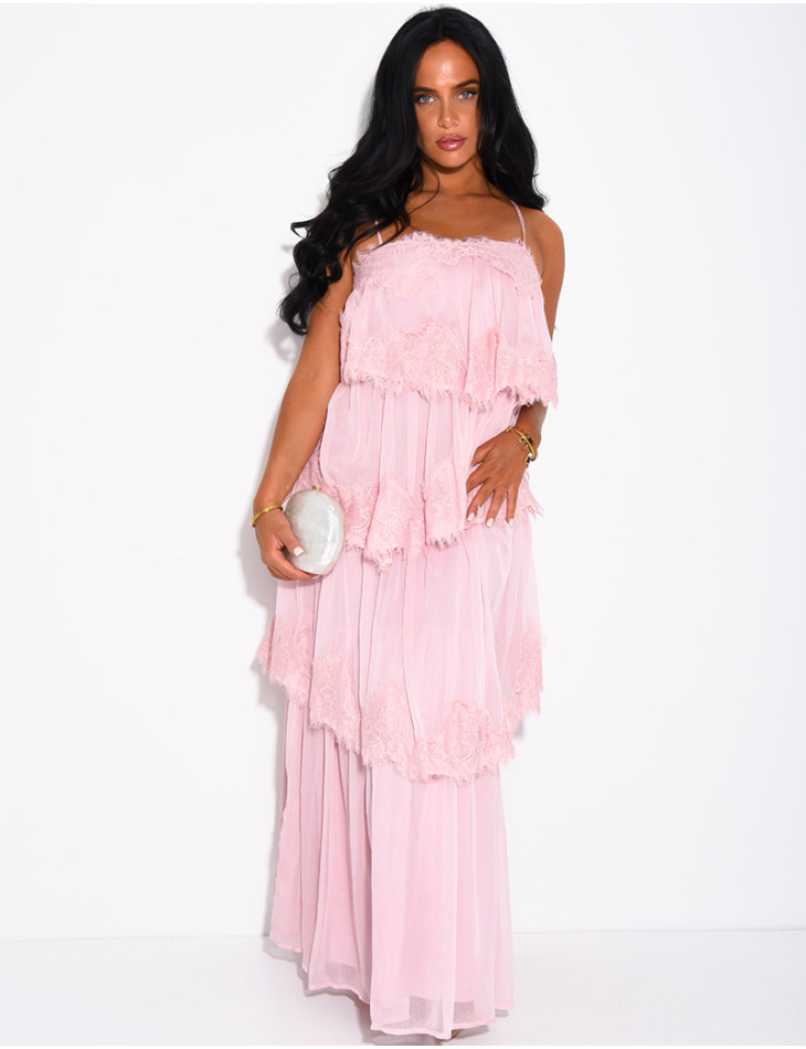 Long voile and lace dress with ruffles
