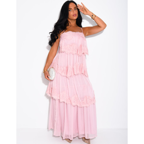 Long voile and lace dress with ruffles