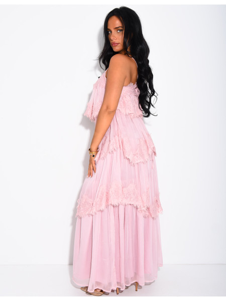 Long voile and lace dress with ruffles
