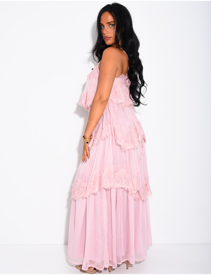 Long voile and lace dress with ruffles