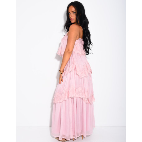 Long voile and lace dress with ruffles