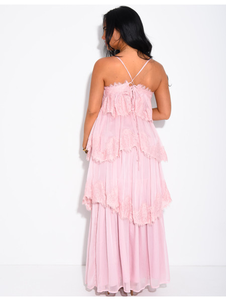 Long voile and lace dress with ruffles