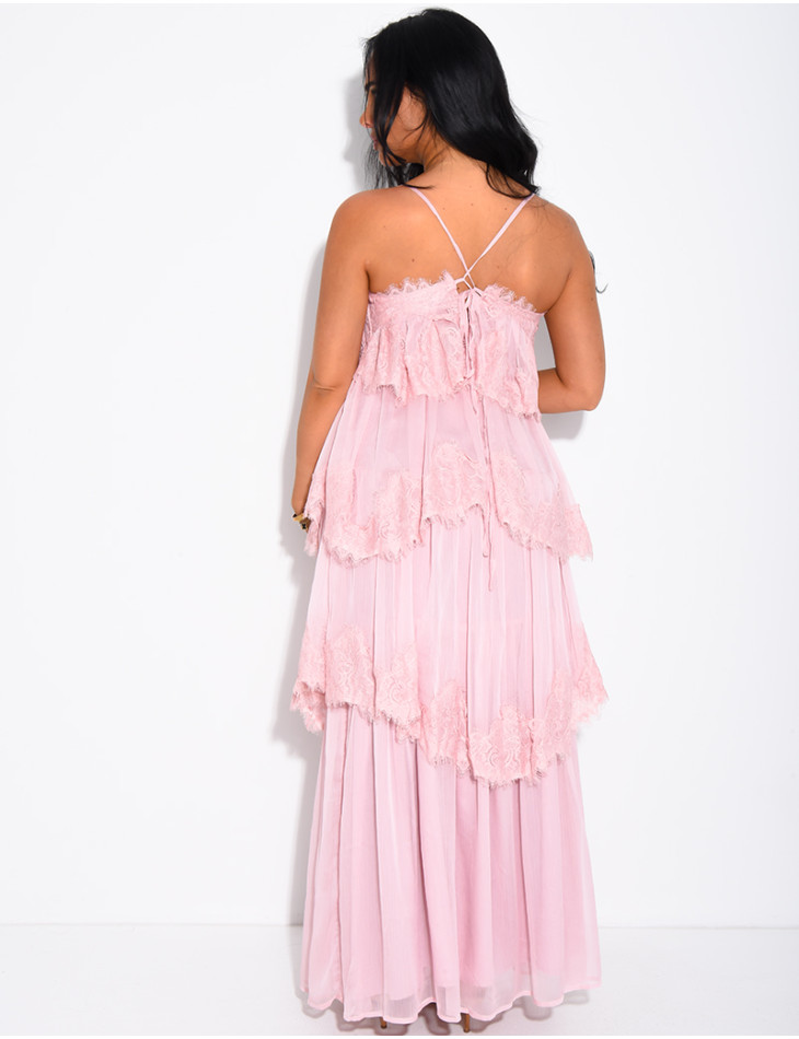 Long voile and lace dress with ruffles