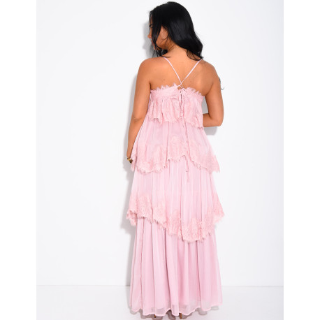 Long voile and lace dress with ruffles