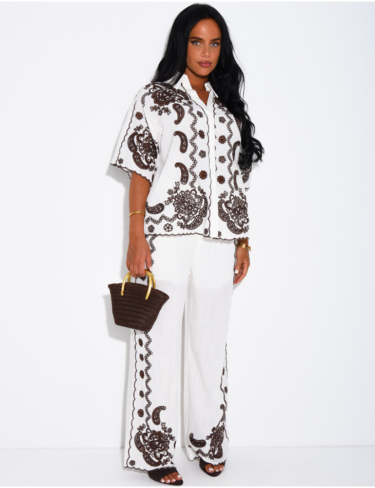 Cotton and linen set with embroidered pants and shirt