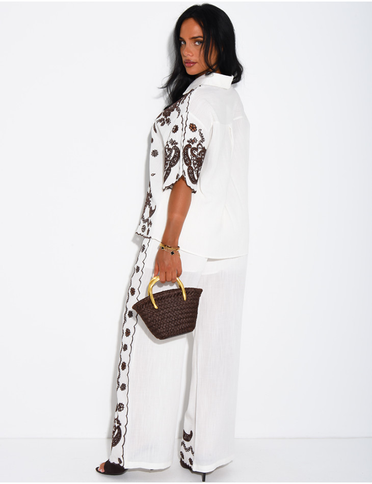 Cotton and linen set with embroidered pants and shirt