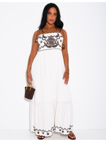 Cotton and linen dress with embroidery and drawstring straps