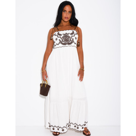 Cotton and linen dress with embroidery and drawstring straps