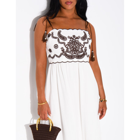 Cotton and linen dress with embroidery and drawstring straps