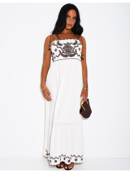 Cotton and linen dress with embroidery and drawstring straps