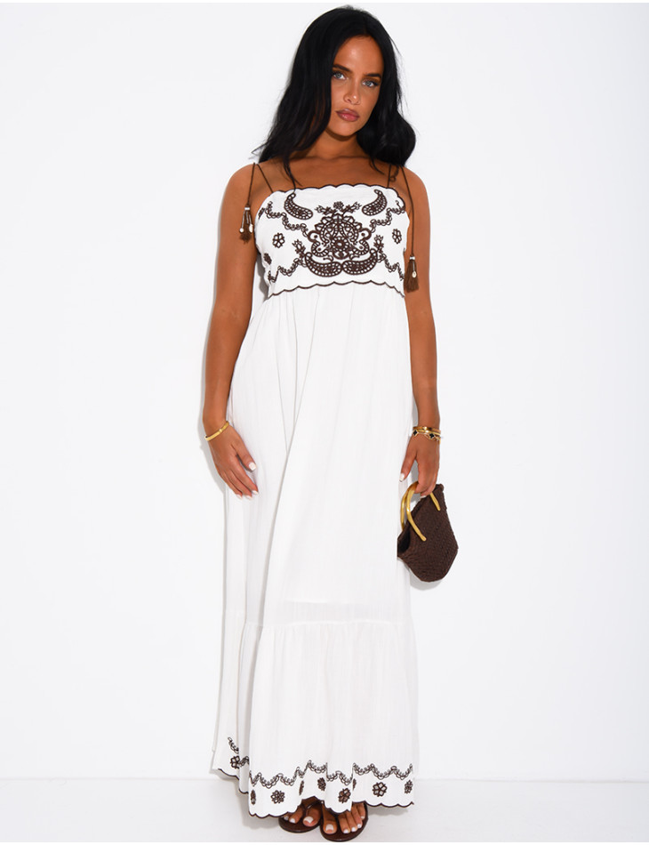 Cotton and linen dress with embroidery and drawstring straps