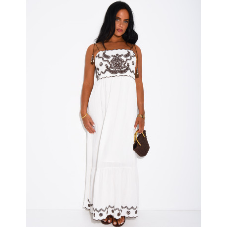 Cotton and linen dress with embroidery and drawstring straps