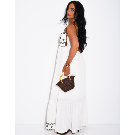 Cotton and linen dress with embroidery and drawstring straps