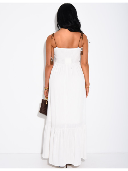Cotton and linen dress with embroidery and drawstring straps