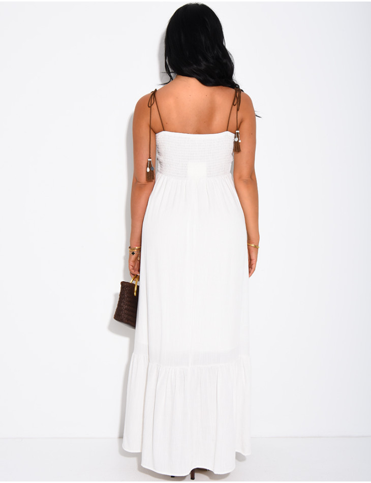 Cotton and linen dress with embroidery and drawstring straps