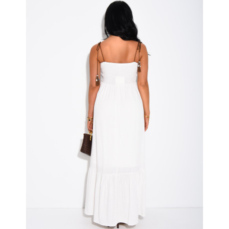 Cotton and linen dress with embroidery and drawstring straps