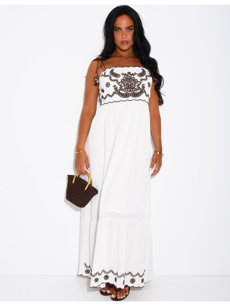 Cotton and linen dress with embroidery and drawstring straps