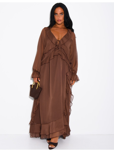 Long, lined voile dress with ruffles