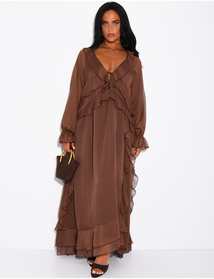 Long, lined voile dress with ruffles