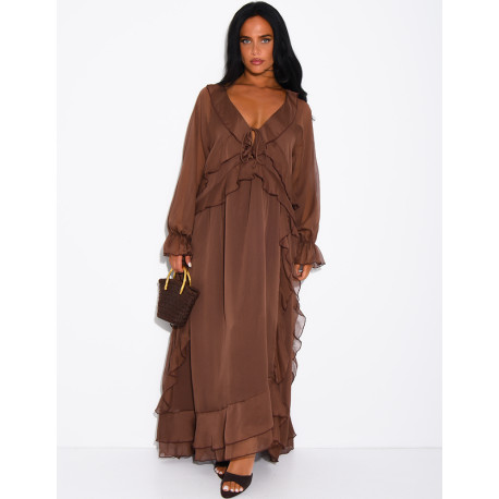Long, lined voile dress with ruffles