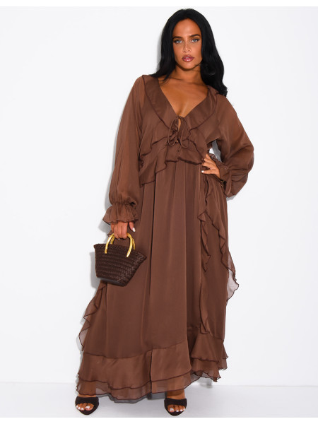 Long, lined voile dress with ruffles