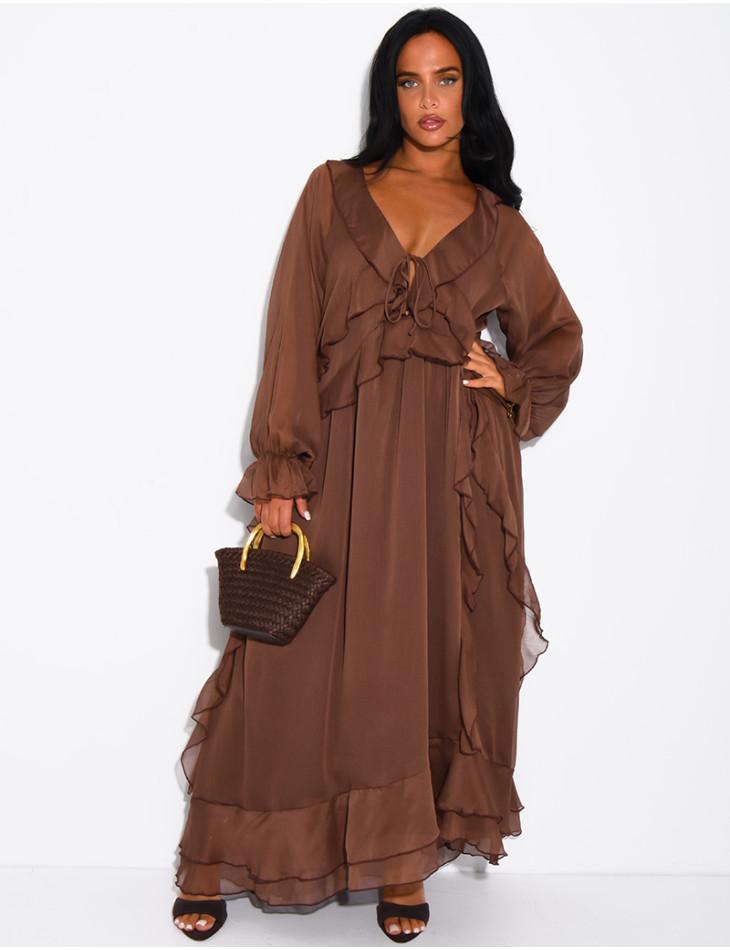 Long, lined voile dress with ruffles